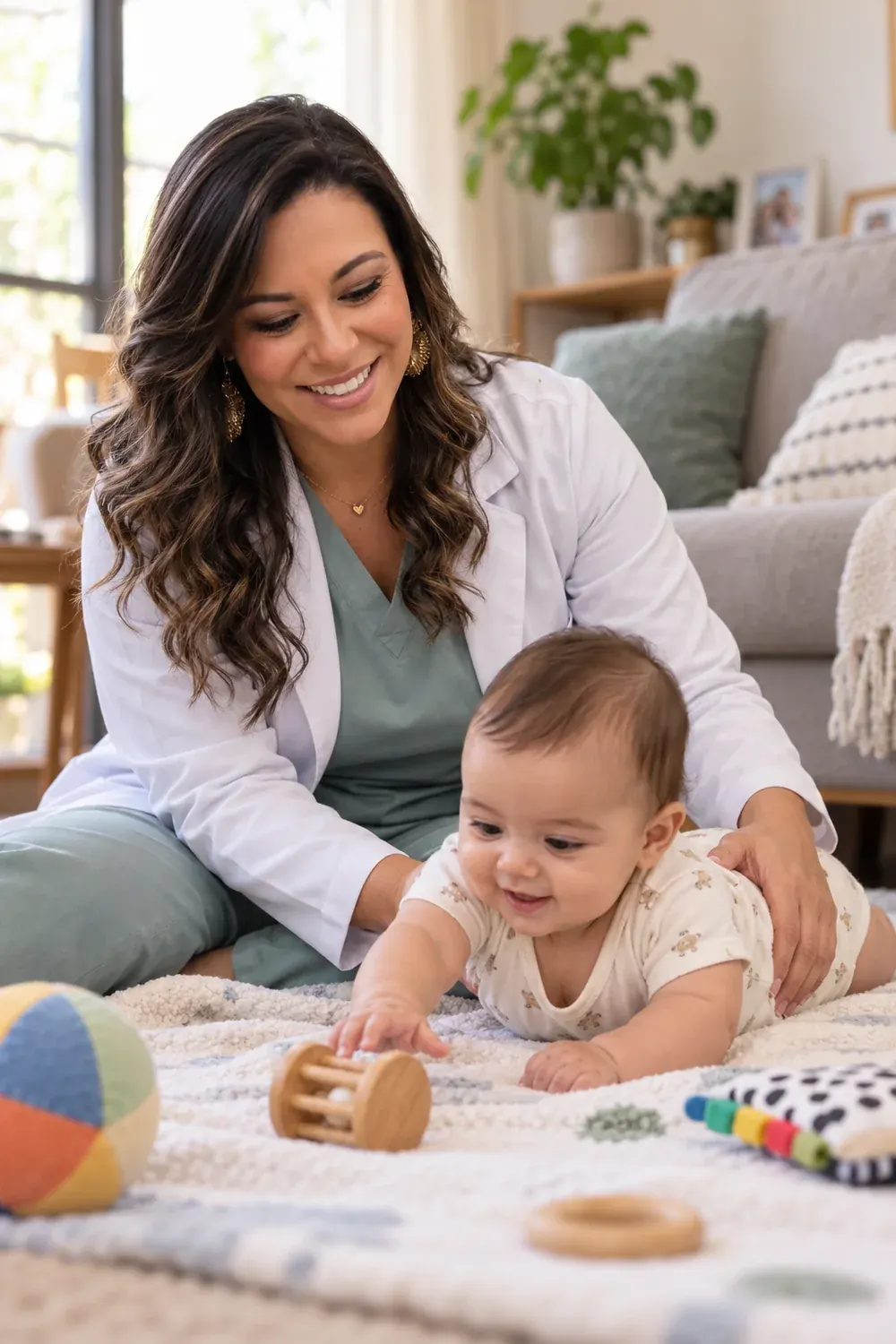 Imagem ilustrativa: Flávia Ferreira Batista com bebê de bruços no tapete, alcançando um brinquedo