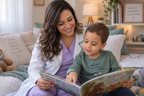 Imagem ilustrativa: criança lendo no sofá durante o atendimento em casa